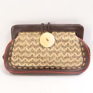 Kate Landry Clutch Handbag Women M Chevron Straw Brown Brown Button Boho